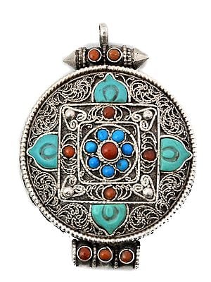 Mandala  Gau Box Pendant with Coral, Turquoise and  Filigree)   - Made in Nepal