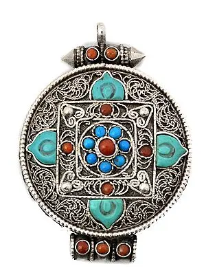 Mandala  Gau Box Pendant with Coral, Turquoise and  Filigree)   - Made in Nepal