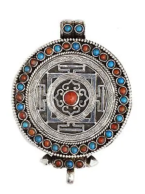 Mandala Gau Box Pendant with Coral and Turquoise -  Made in Nepal