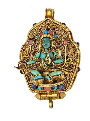 Manjushri Gau Box Gemstone Pendant with Green Tara at Front (Coral, Turquoise and Lapis Lazuli) -  Made in Nepal