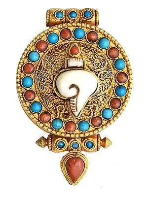 Conch (Ashtamangala) Gau Box Filigree Pendant with Coral and Turquoise -  Made in Nepal