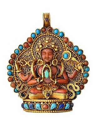 Chenrezig (Shadakshari Avalokiteshvara) Gemstone Pendant with  Coral, Turquoise and Lapis Lazuli -  Made in Nepal