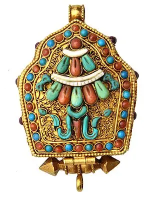 Chenrezig (Shadakshari Avalokiteshvara) Gau Box Gemstone Pendant with Umbrella (Ashtamangala) at Front (Coral, Turquoise and Lapis Lazuli)- Made in Nepal