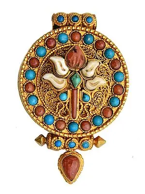 Victory Banner (Ashtamangala) Gau Box Pendant  with Coral and Turquoise - Made in Nepal