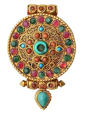 Dharma Chakra (Ashtamangala) Gau Box Pendant  with Coral, Turquoise and Emerald - Made in Nepal