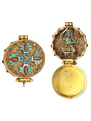 Manjushri Gau Box Gemstones Pendant with  Vishva Vajra at Front (Coral Turquoise and Lapis Lazuli)  - Made in Nepal