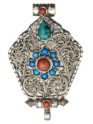 Filigree Gau Box Pendant with Coral and Turquoise  - Made in Nepal
