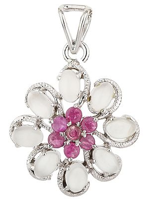 Gray Moonstone and Ruby Flower Pendant