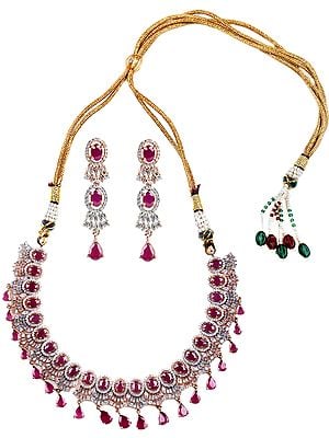 Faux Ruby with Necklace and Earrings Set with American-Diamond