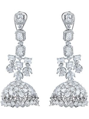 Silver-Colored Giant Jhumka Earrings with Zircon
