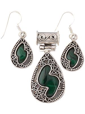 Malachite Teardrop Pendant with Matching Earrings Set
