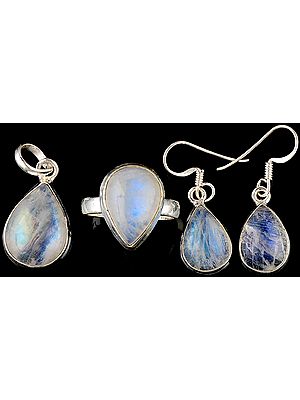 Rainbow Moonstone Pendant with Matching Earrings and Ring Set