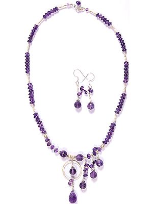 Amethyst Beaded Necklace with Charms and Earrings Set