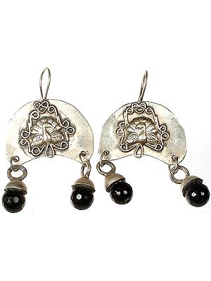 Antiquated Peacock Earrings with Dangling Faceted Black Onyx