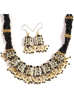 Black Beaded Necklace & Earrings Set with Cut Glass