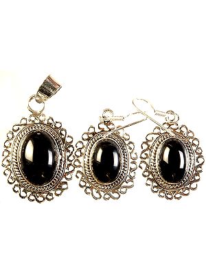 Black Onyx Oval Pendant with  Earrings Set