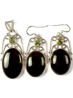Black Onyx Pendant & Earrings Set Faceted Peridot
