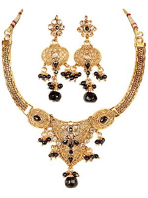 Black Polki Necklace and Earrings Set with Filigree