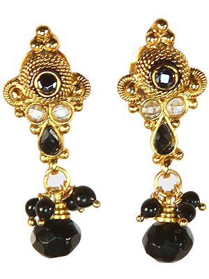 Black Polki Post Earrings with Cut Glass
