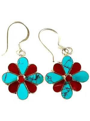 Blooming Flower Inlay Earrings with Coral
