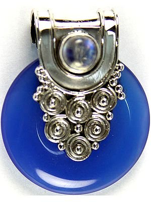 Blue Chalcedony Donut Pendant with Rainbow Moonstone