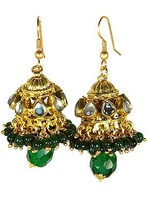 Bottle-Green Kundan Chandelier Earrings