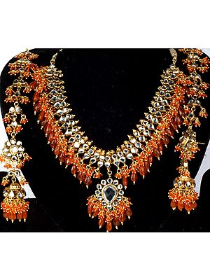 Bridal Kundan Necklace with Orange Glass Beads and Earwrap Jhumka Earrings