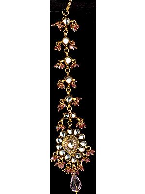 Bridal Kundan Tika with Pink Cut Glass Beads (Forehead Ornament)