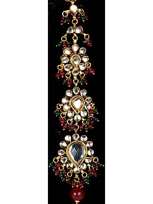 Bridal Kundan Tika with Ruby and Emerald Color Glass Beads (Forehead Ornament)
