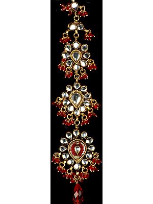 Bridal Kundan Tika with Scarlet Cut Glass Beads (Forehead Ornament)