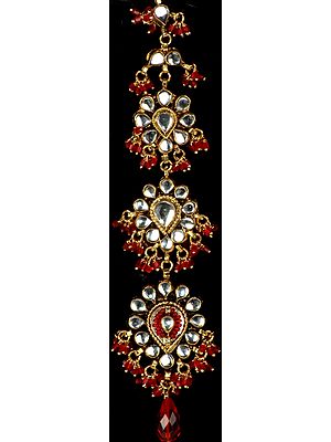 Bridal Kundan Tika with Scarlet Cut Glass Beads (Forehead Ornament)
