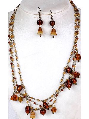 Brown Beaded Necklace and Earrings Set with Antiquated Chain