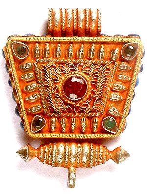 Buddhist Gau Box Pendant with Gemstones (Faceted Emerald, Lapis Lazuli and Central Ruby)