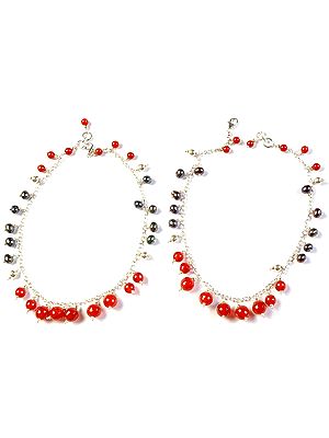 Carnelian and Black Pearl Anklets (Price Per Pair)