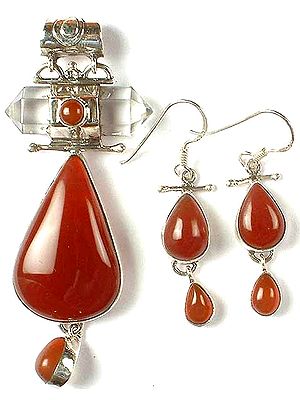 Carnelian Pendant & Earrings Set with Crystal