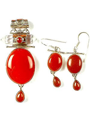 Carnelian Pendant & Earrings Set with Dangle & Crystal