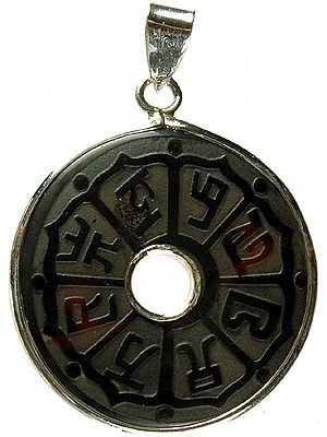 Carved Black Onyx Donut Double-Sided Pendant with Om Mani Padme Hum Mantra