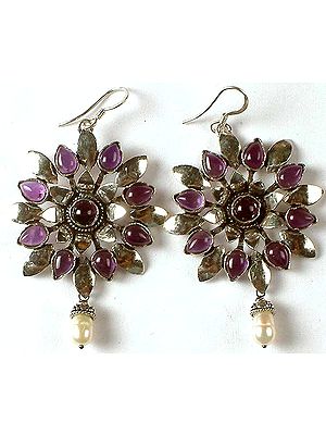 Charming Amethyst Flower Earrings with Dangling Pearl