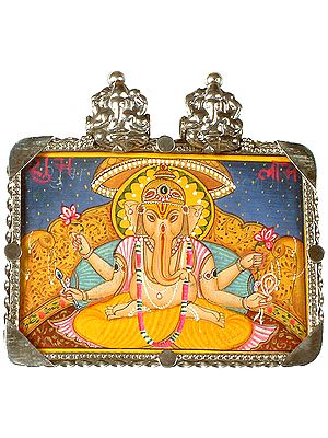 Chaturbhuja Ganesha Seated in Vajraparyankasana on Royal Throne with Twin Sterling Ganesha Atop