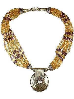 Citrine and Amethyst Bunch Necklace with Dimple Pendant