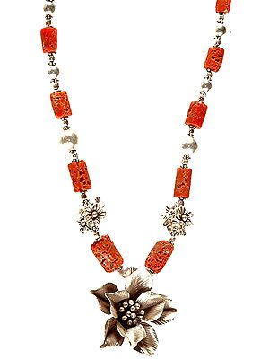 Coral Beaded Necklace with Blooming Flowers