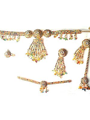 Costume Necklace with Jhumka Earrings, Mang Tika, Bracelet and Finger Ring Set