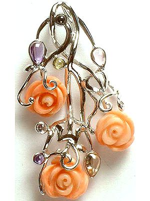 Designer Carved Coral Rose Pendant with Gemstones