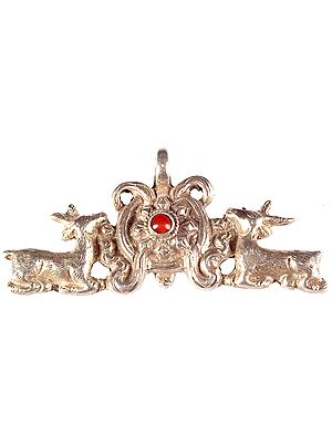 Dharma Wheel Flanked by Two Deer with Central Coral