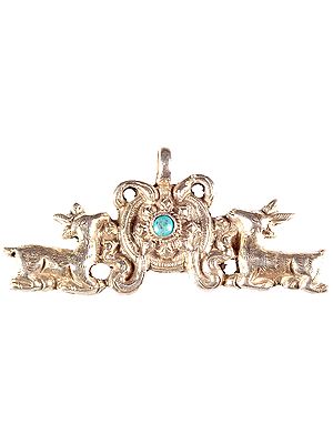 Dharma Wheel Flanked by Two Deer with Central Turquoise