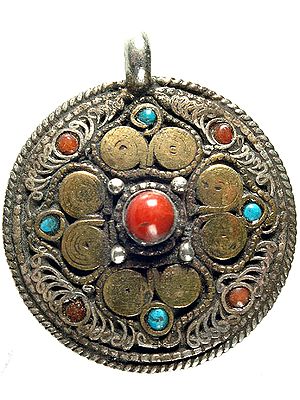 Double-Sided Mandala Pendant with Coral and Turquoise