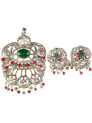 Emerald and Ruby Victorian Pendant with Earrings