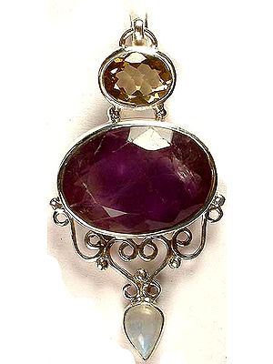 Faceted Amethyst Pendant with Lemon Topaz & Rainbow Moonstone