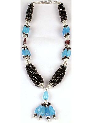 Faceted Black Onyx & Blue Chalcedony Beaded Necklace from Rajasthan