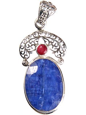 Faceted Blue Sapphire Pendant with Ruby